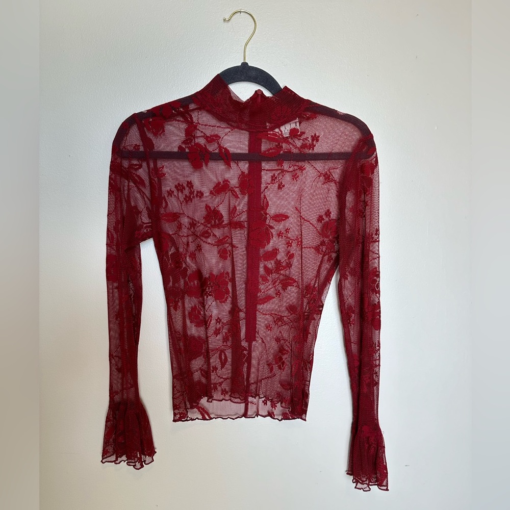 Red floral Embroidered Mesh Mock neck top with bell sleeves Rialto Joy Perreras